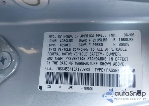 2006 Honda Accord 2.4 Lx из США, поврежденный, VIN 1HGCM56416A170980